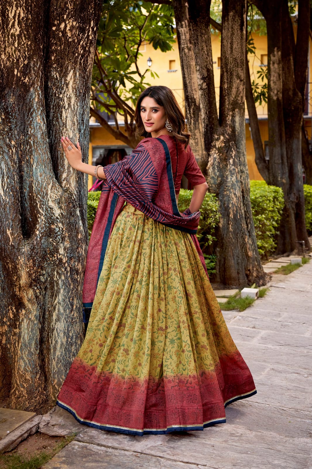 Floral Printed Vichitra Silk Lehenga Choli with Dupatta