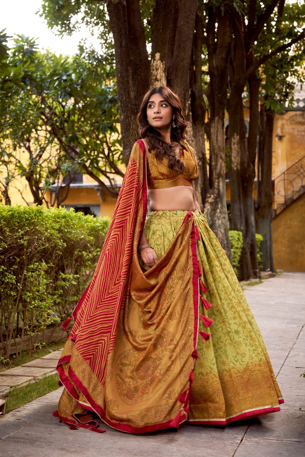 Floral Printed Vichitra Silk Lehenga Choli with Dupatta