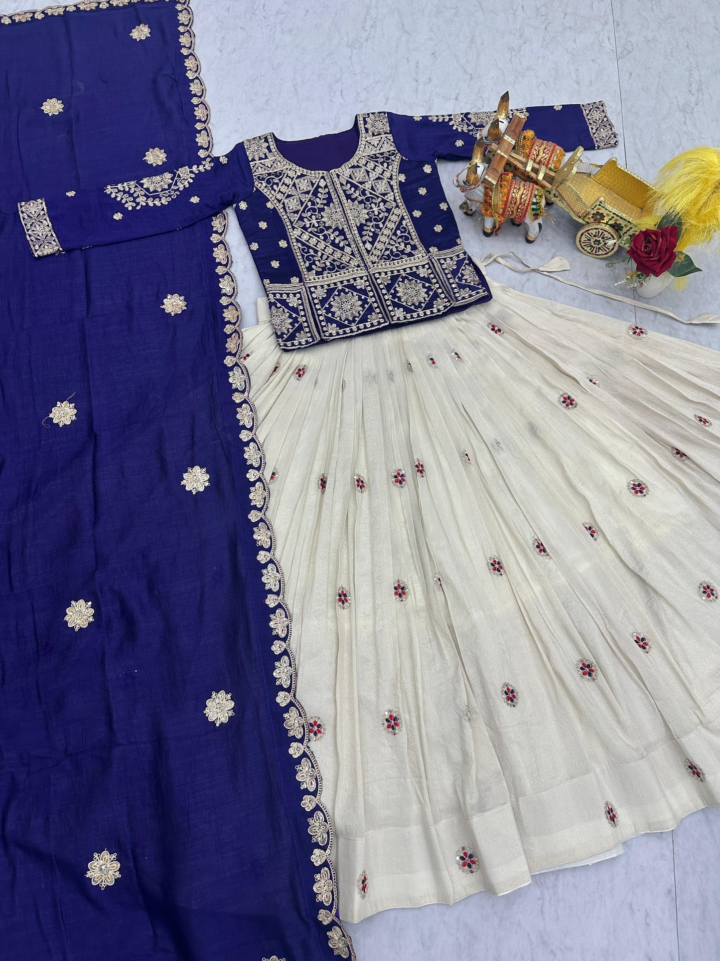 Ready-to-Wear Off-White Vichitra Lehenga with Embroidered Peplum Koti Blouse