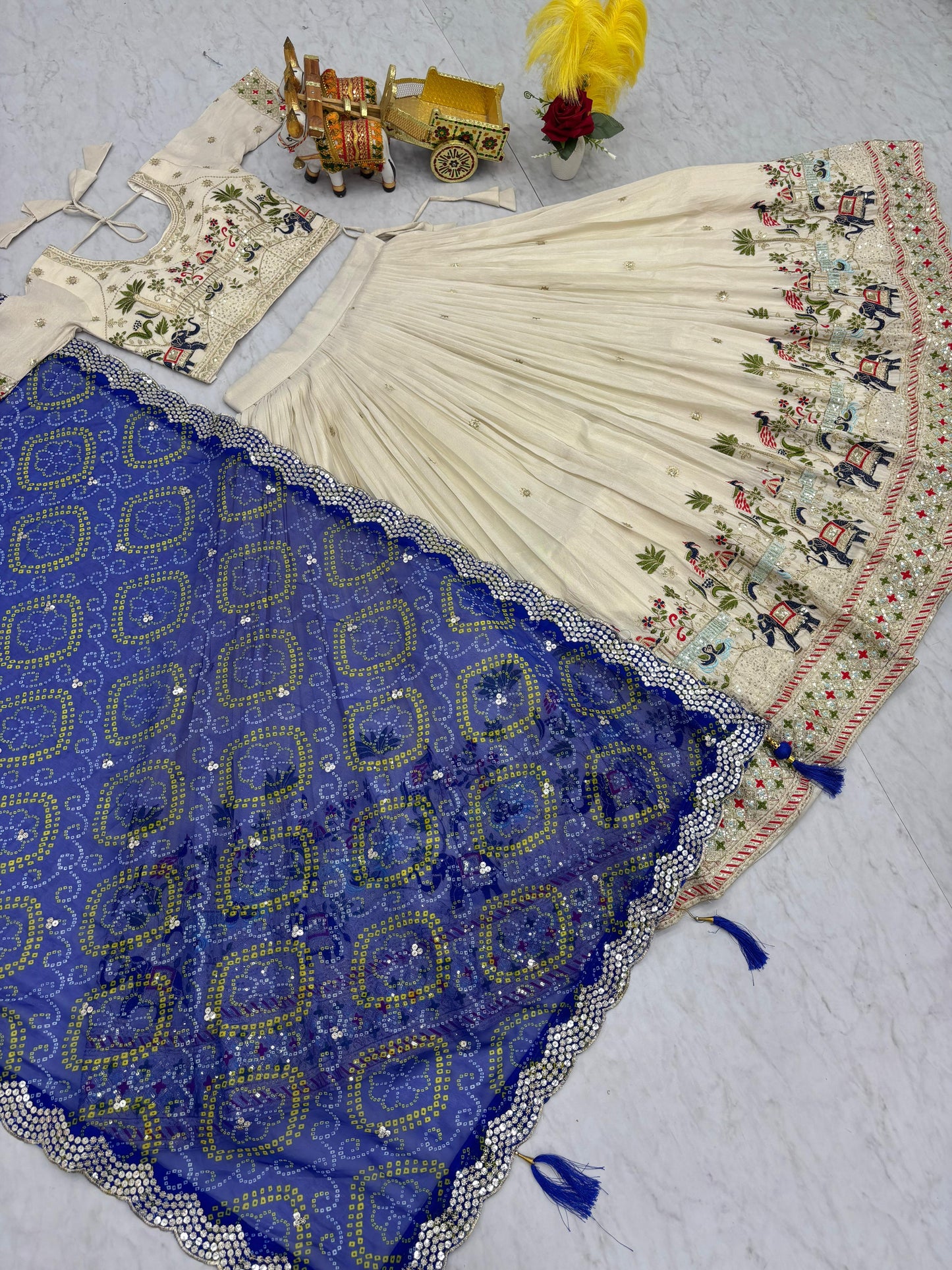Ready-to-Wear Off-White Pure Tissue Silk Lehenga Choli with Bandhani Dupatta