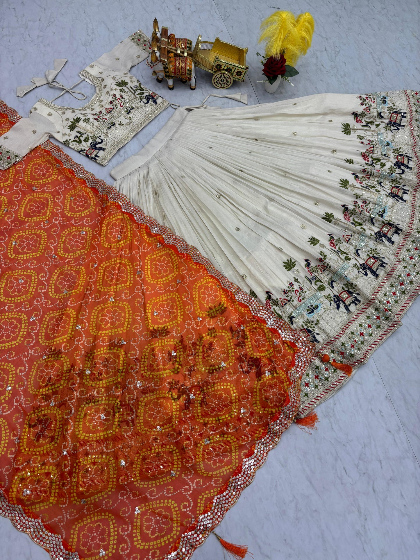 Ready-to-Wear Off-White Pure Tissue Silk Lehenga Choli with Bandhani Dupatta