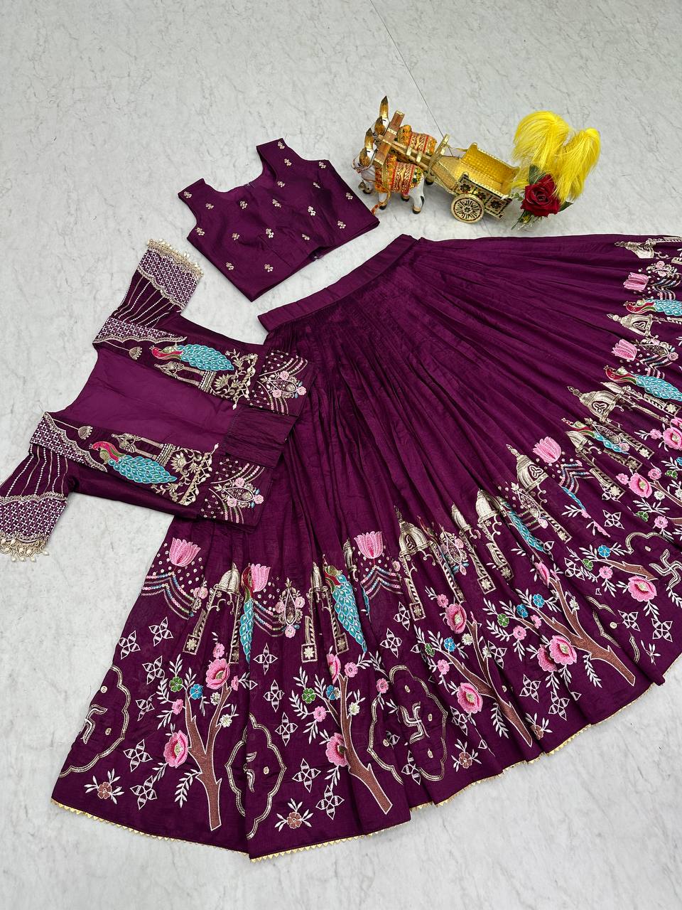 Ready-to-Wear Wine Vichitra Lehenga with Embroidered Peplum Koti Blouse