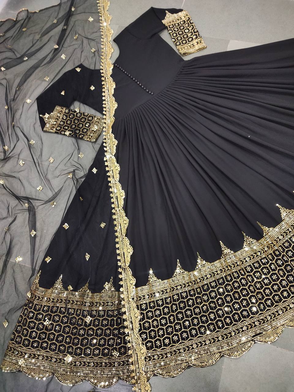 Black Faux Georgette Embroidery Sequence Work Designer Anarkali Two Piece Set