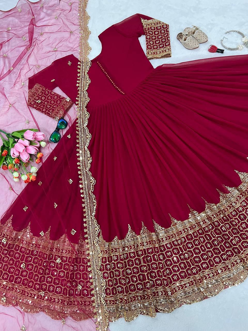 Maroon Faux Georgette Embroidery Sequence Work Designer Anarkali Two Piece Set
