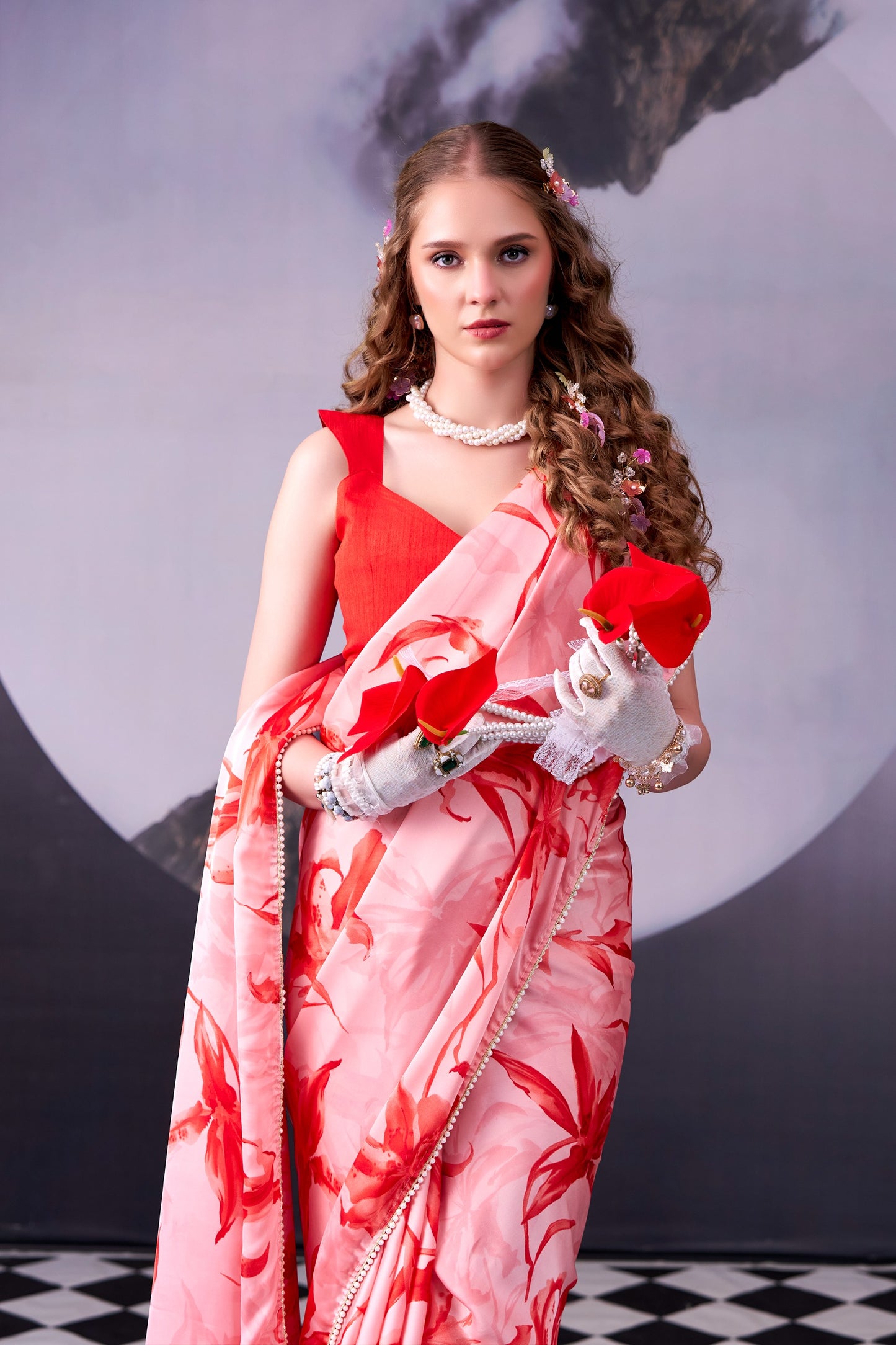 Red Floral Print With Pearl Lace Border Saree with Unstitched Blouse