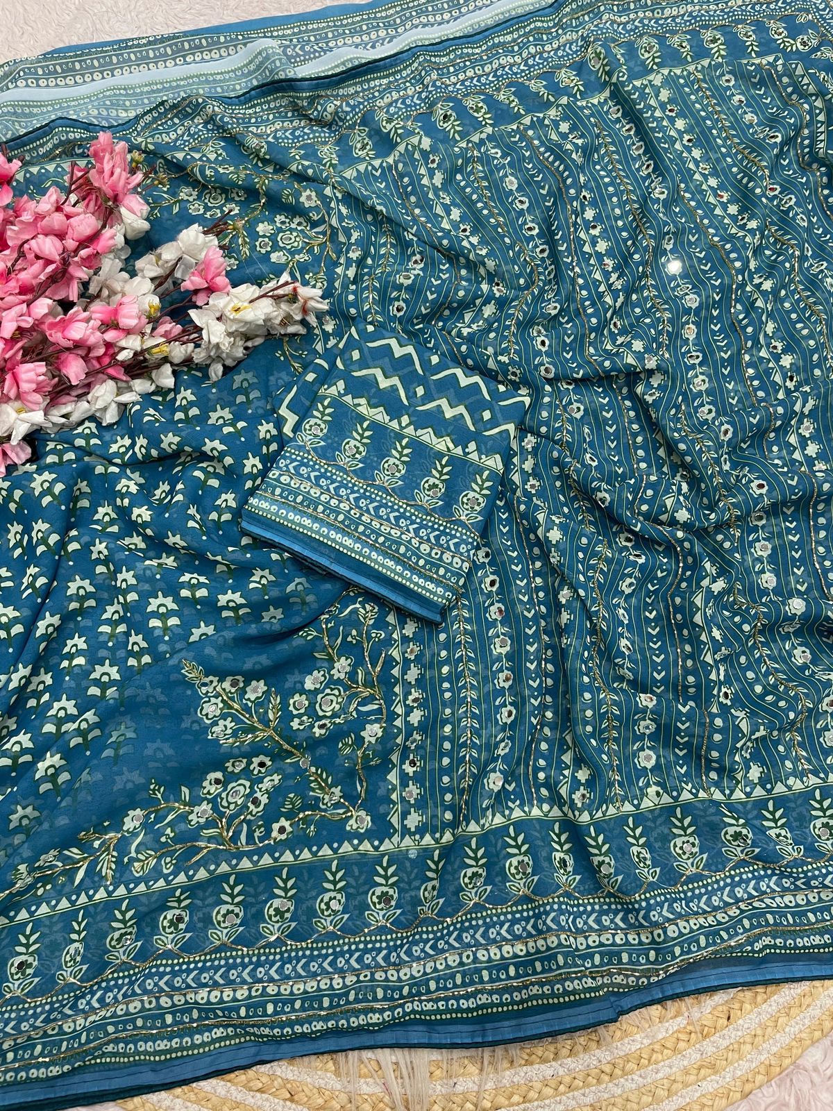 Teal Blue Print With Khatli & Mirror Work Saree Unstitched Blouse