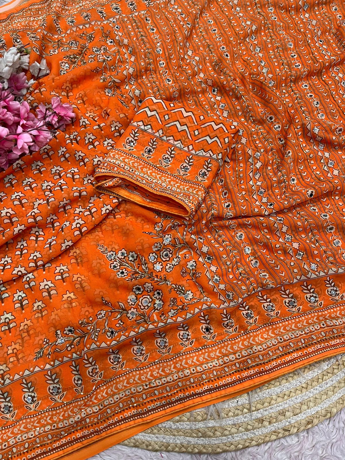 Orange Print With Khatli & Mirror Work Saree Unstitched Blouse