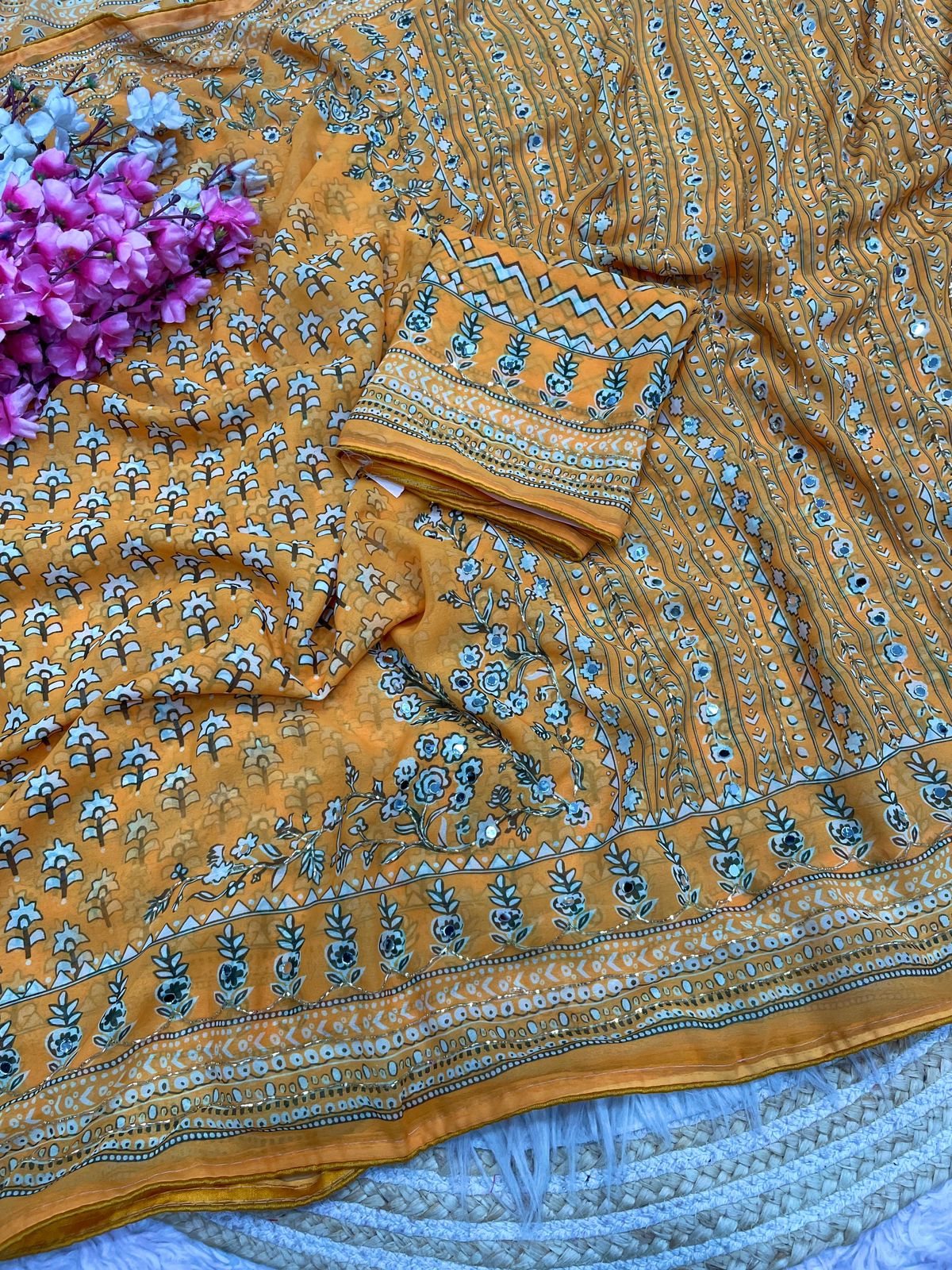 Mustard Yellow Print With Khatli & Mirror Work Saree Unstitched Blouse