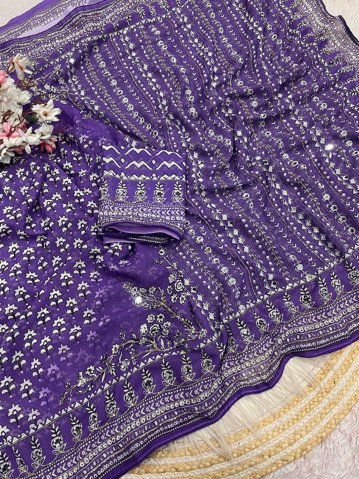 Purple Print With Khatli & Mirror Work Saree Unstitched Blouse