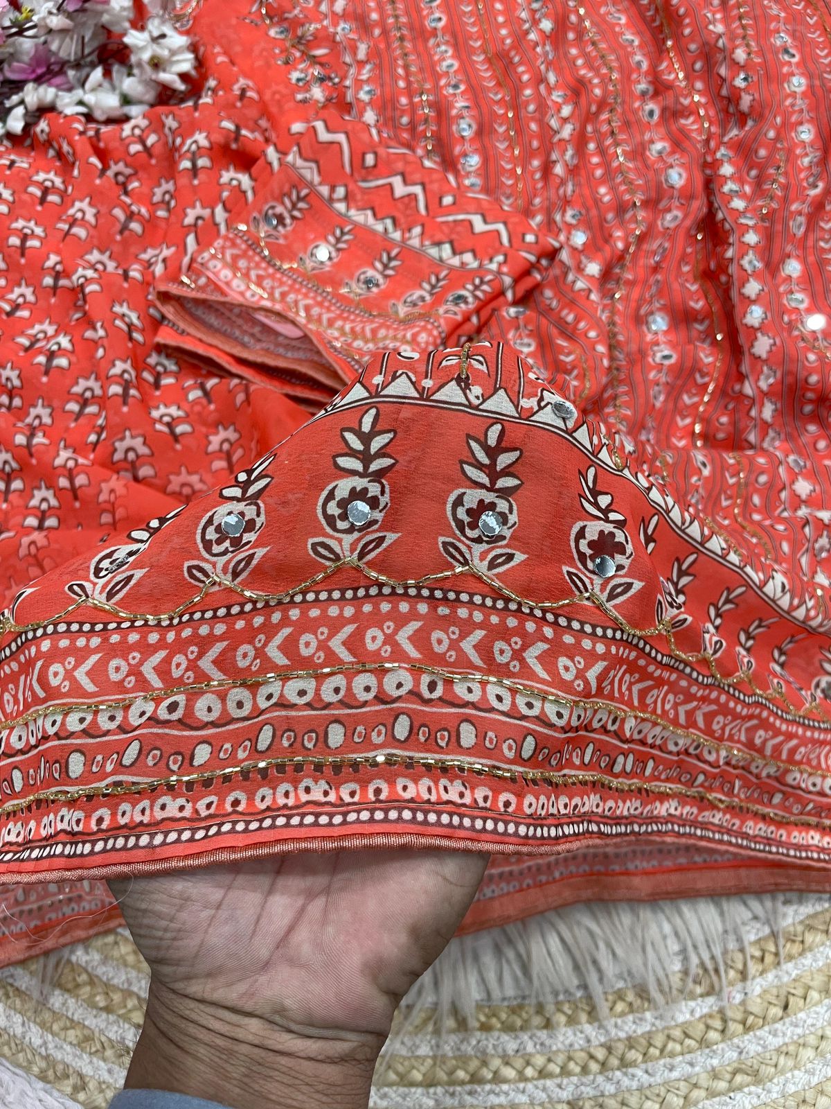 Rust Orange Print With Khatli & Mirror Work Saree Unstitched Blouse