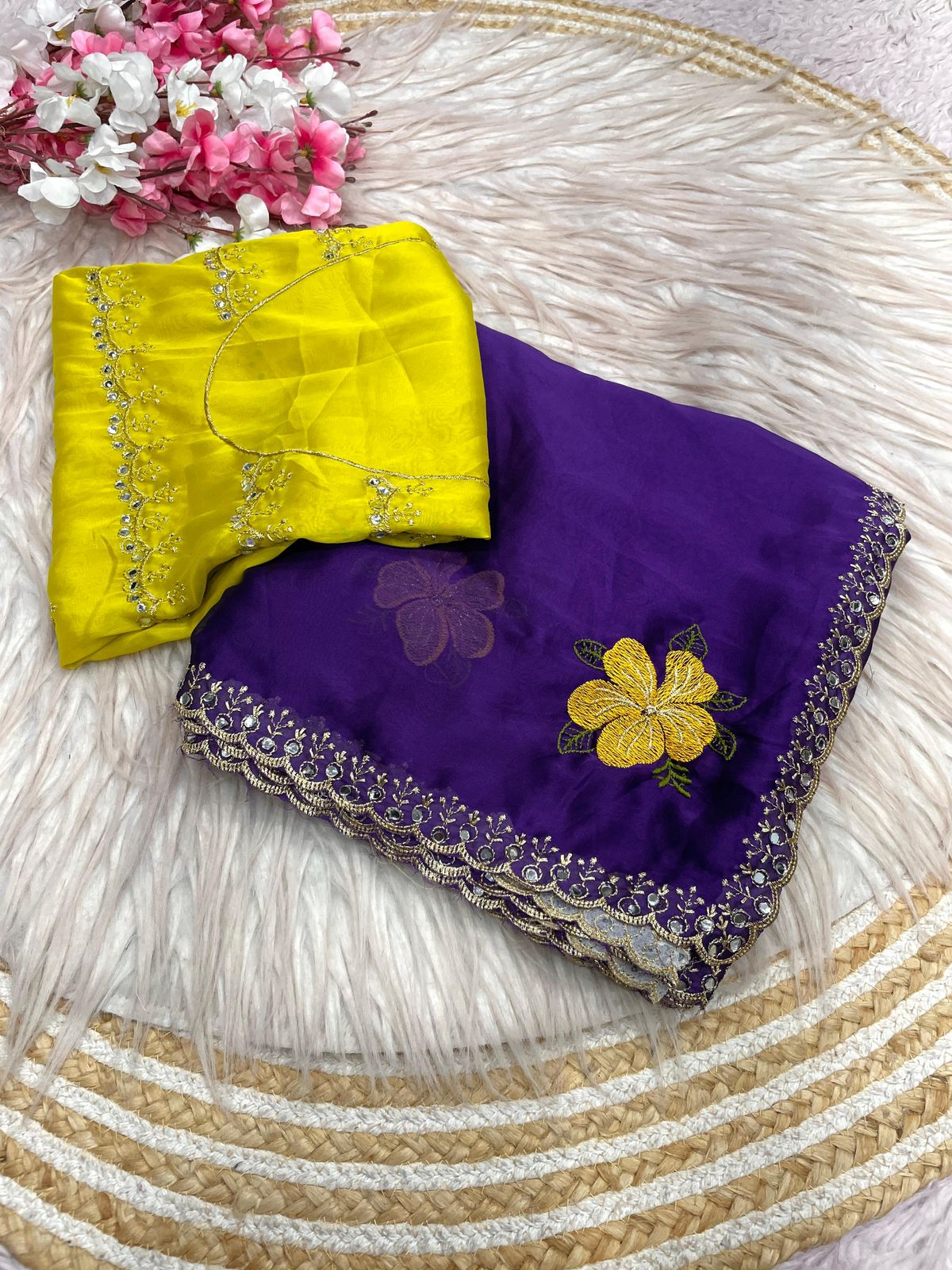 Purple Rangoli Silk Multi Colour Embroidery & Mirror Work Saree with Yellow Blouse