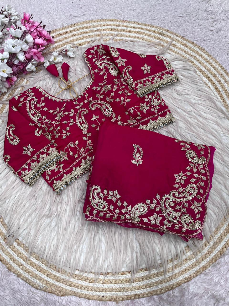 Rani Pink Embroidery work Saree with Ready To Wear Blouse