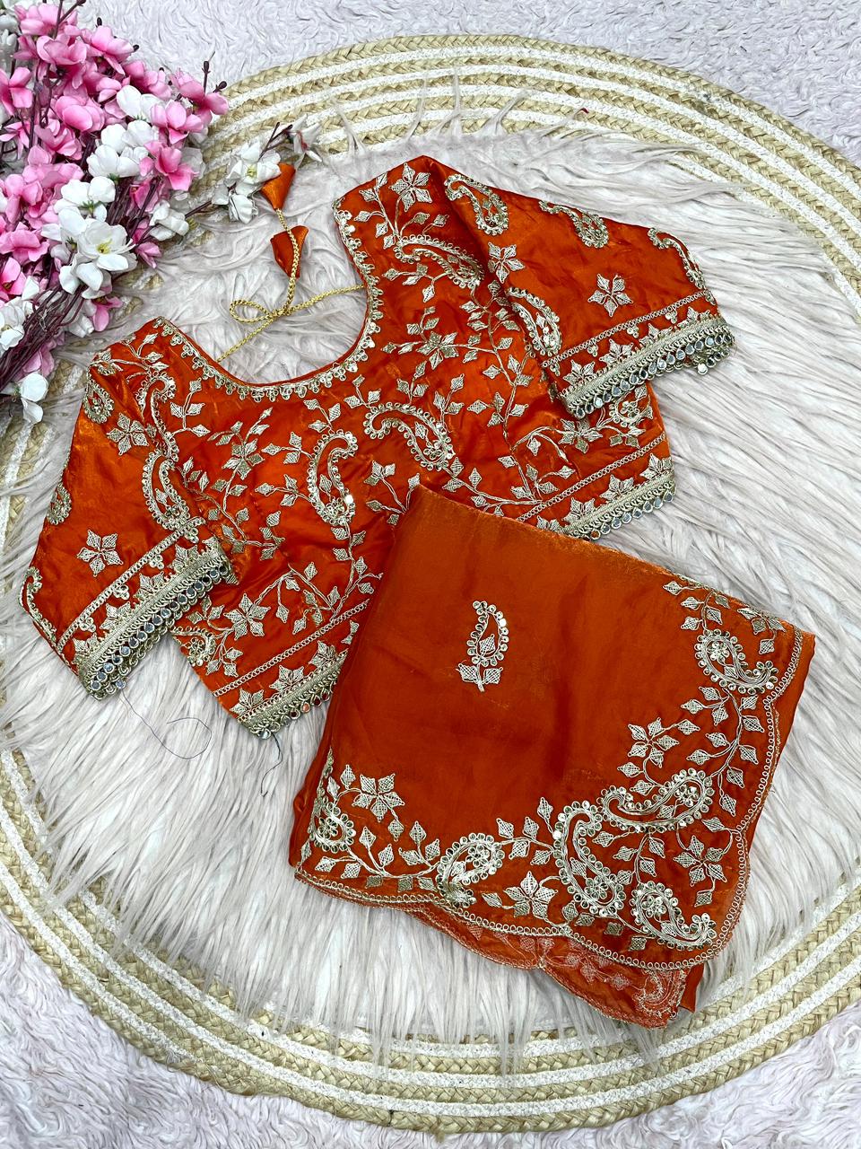 Rust Orange Embroidery work Saree with Ready To Wear Blouse