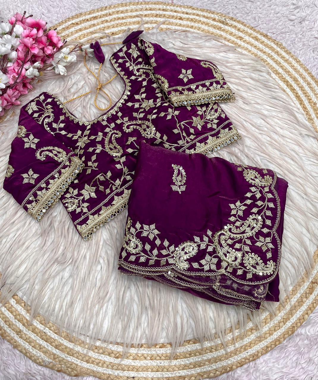 Wine Colour Embroidery work Saree with Ready To Wear Blouse