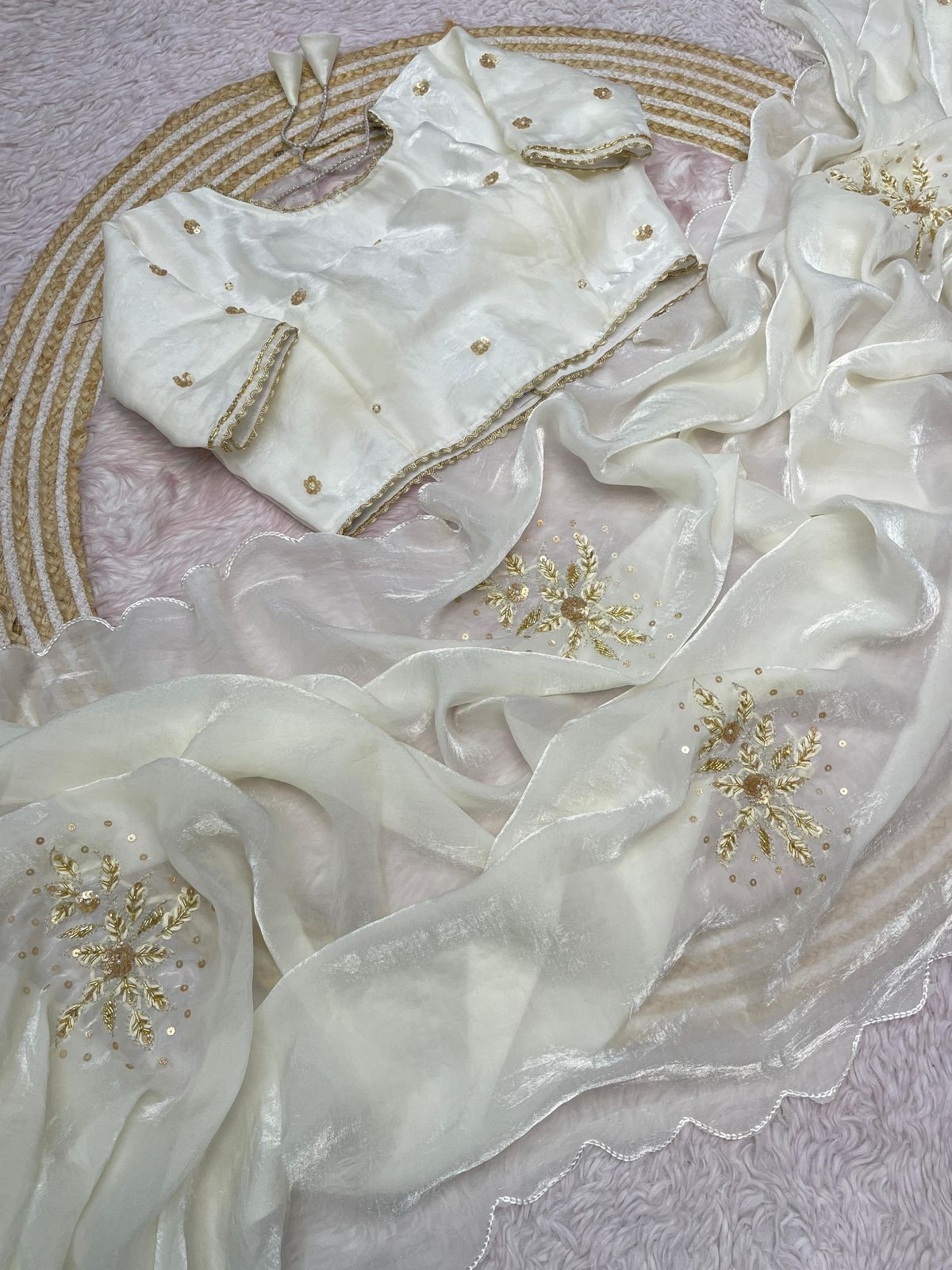 White Fandy Sattin Saree with Ready To Wear Blouse