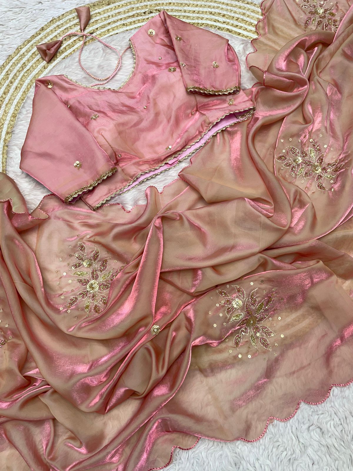 Peach Fandy Sattin Saree with Ready To Wear Blouse