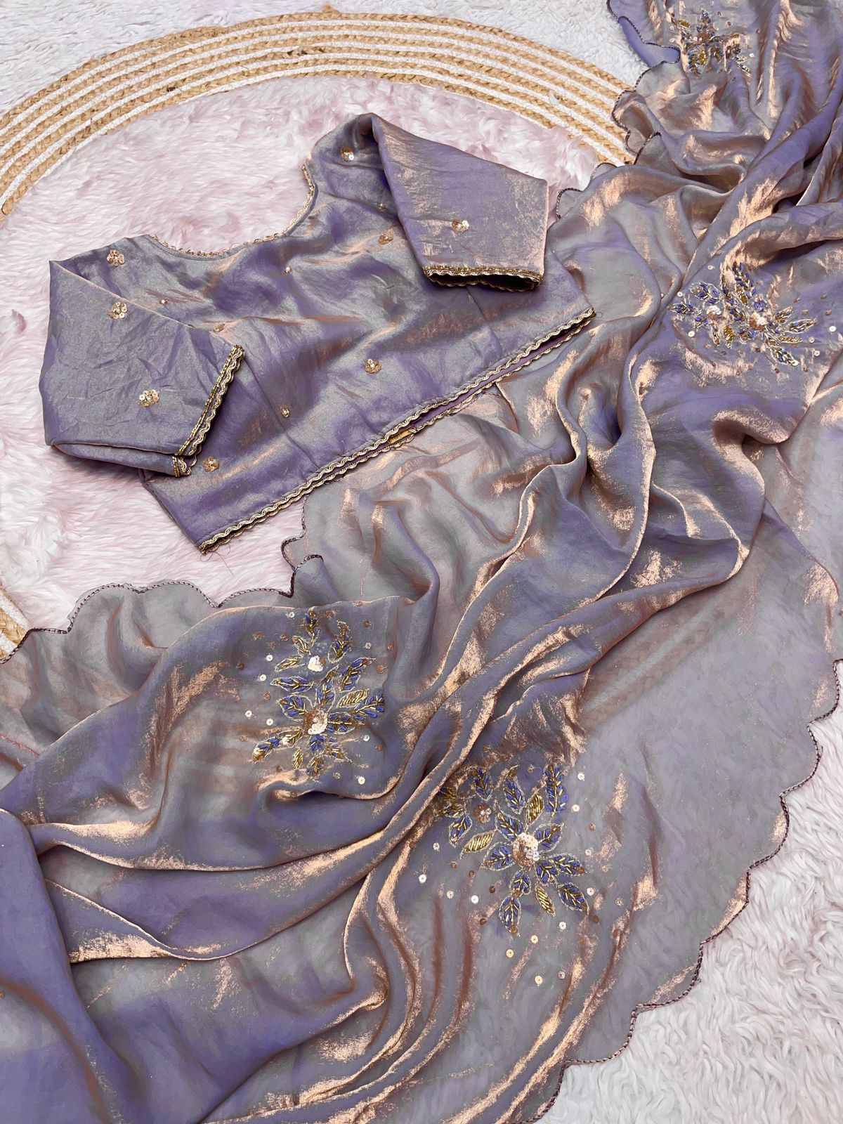 Lavender Fandy Sattin Saree with Ready To Wear Blouse