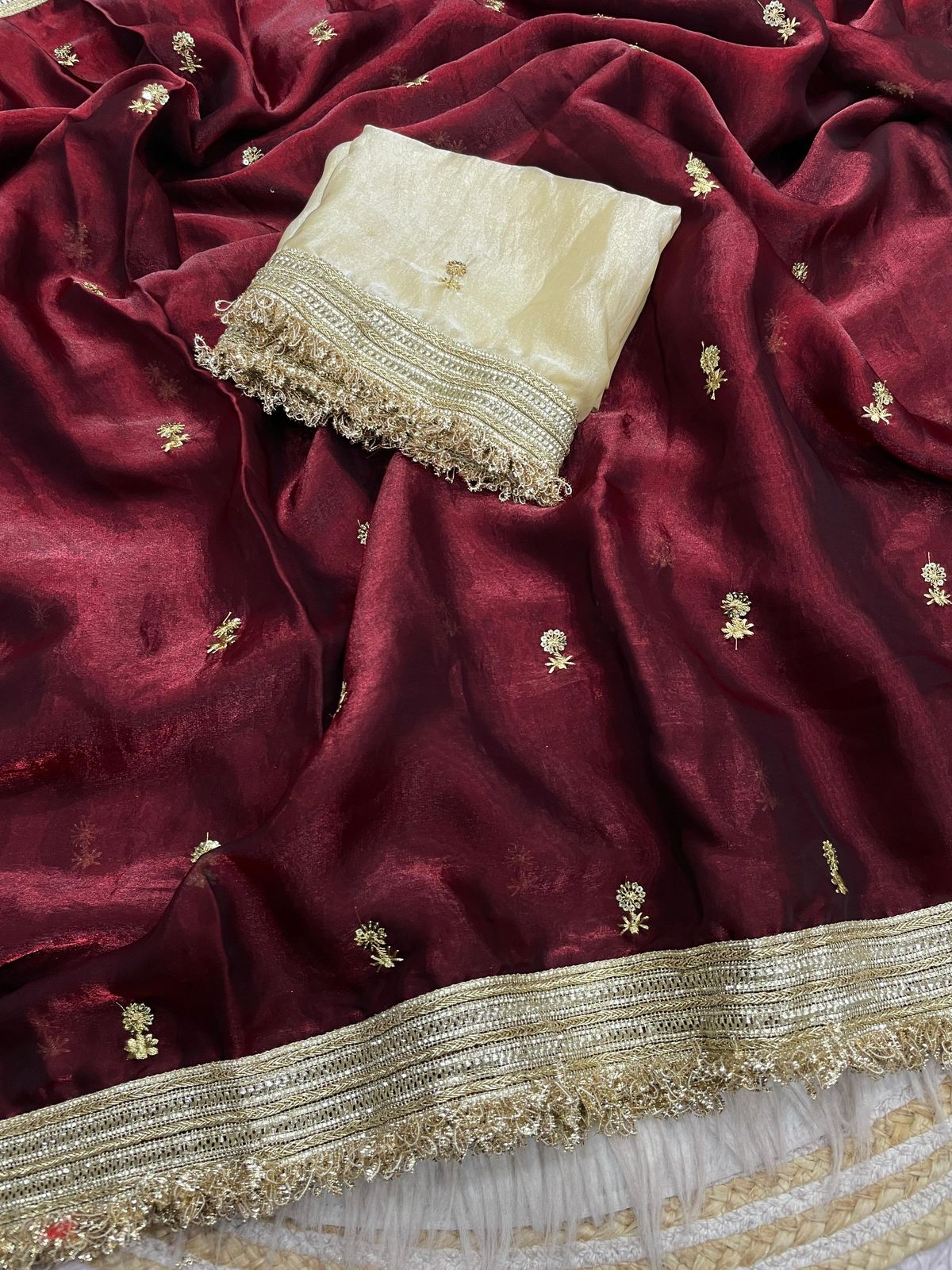 Maroon Fandy Sattin all Over Butti Work Saree With Unstitched Blouse