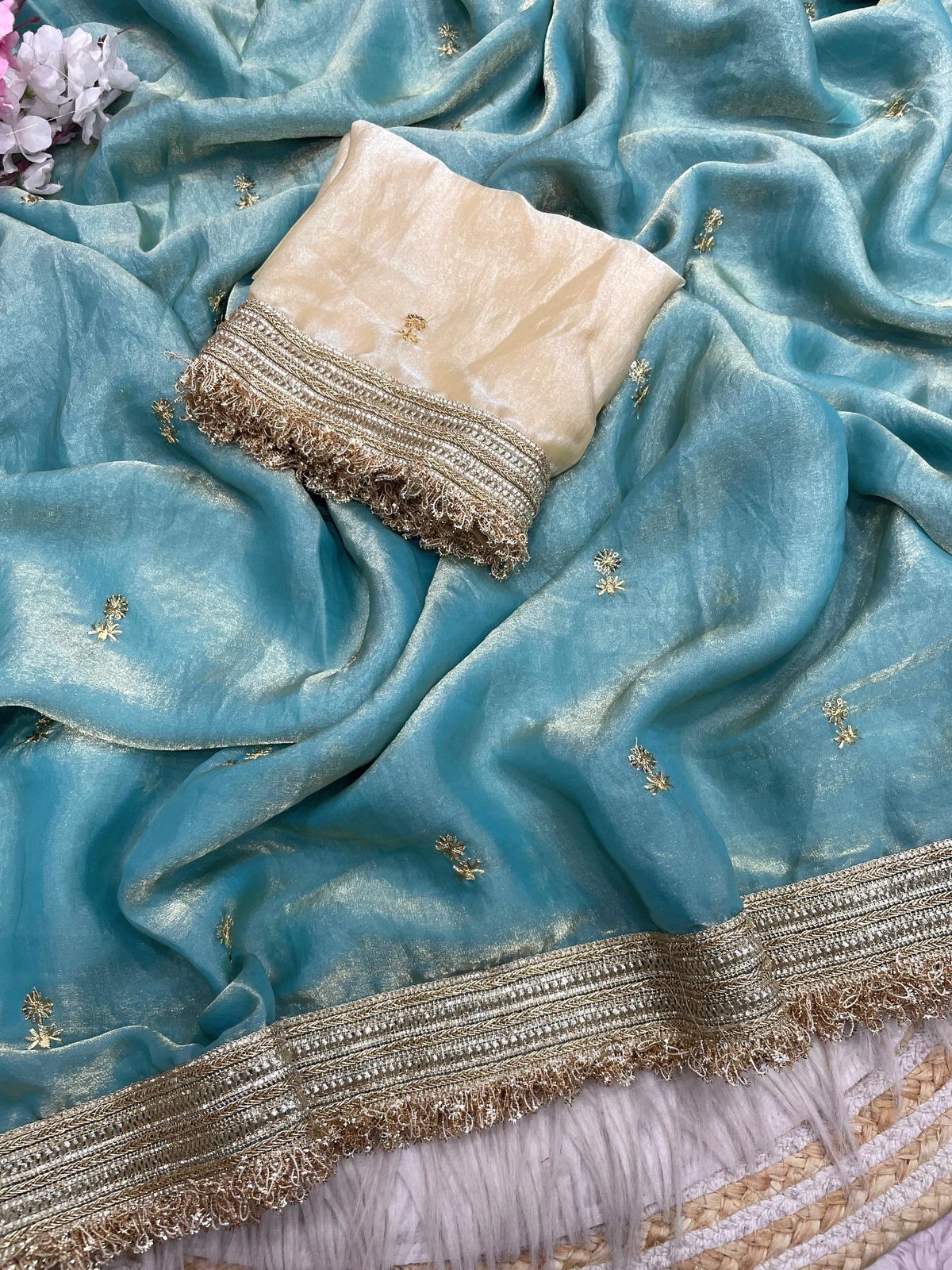 Sea green Fandy Sattin all Over Butti Work Saree With Unstitched Blouse