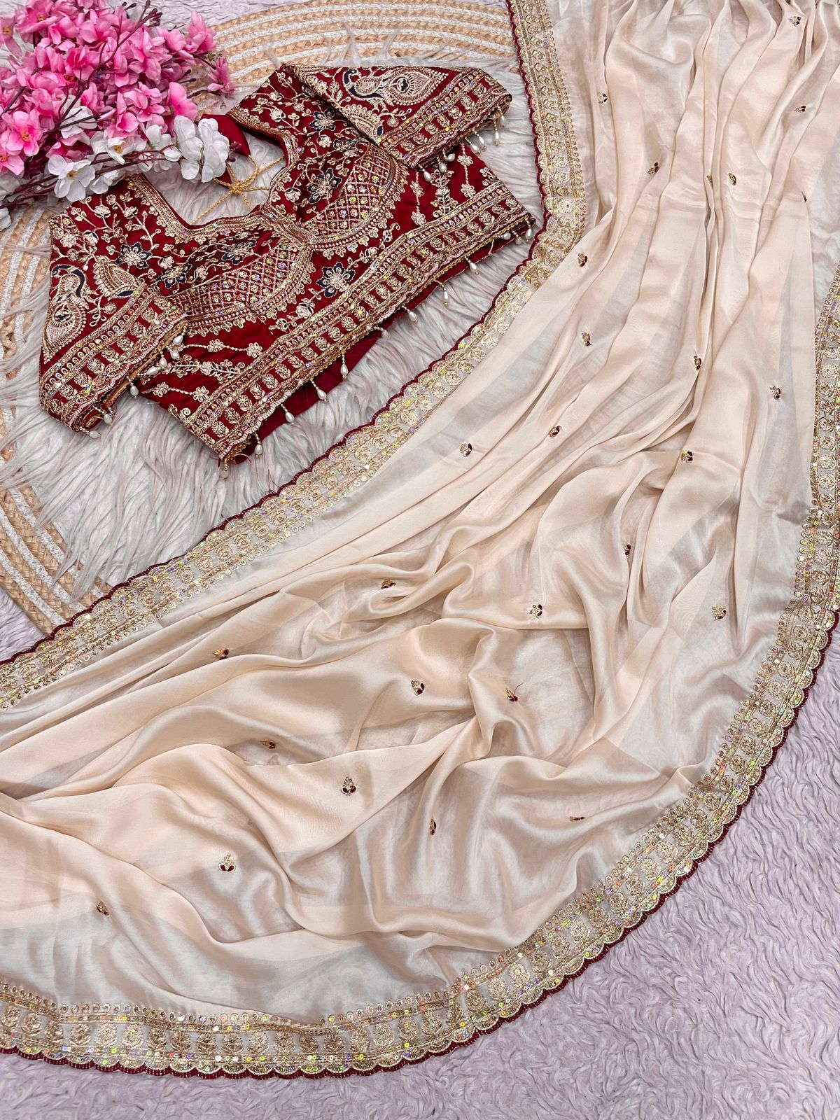 Beige Rangoli Silk Embroidery work Saree with Maroon Ready To Wear Blouse