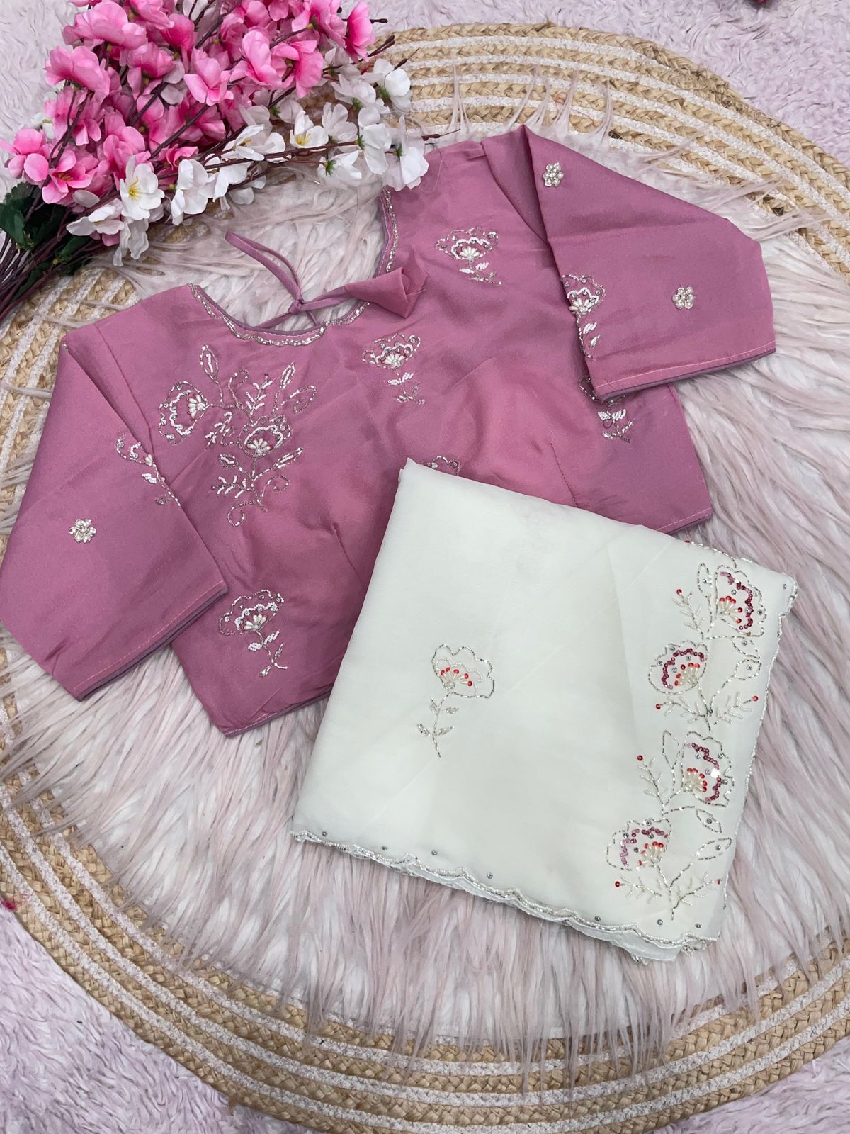 White Saree with Ready To Wear Onion Pink Blouse