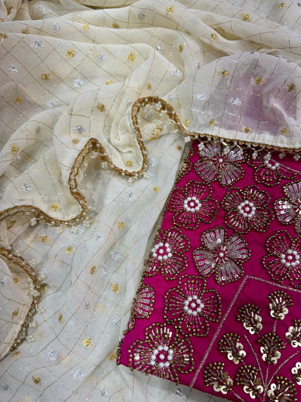 Gold & Silver All Over Zari Butti Work Saree With Unstitched Blouse