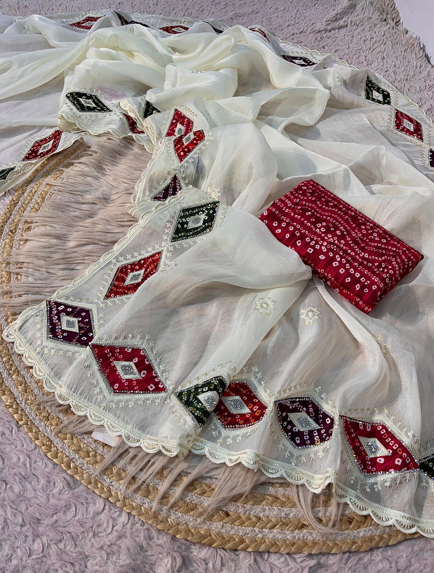 Bandej Patch Butta NC Moss Saree with Bandhej Print Unstitched Blouse