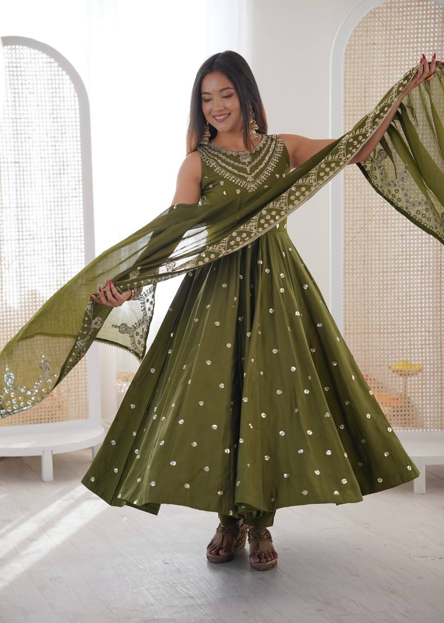 Mehndi Green Roman Silk Embroidery Sequence Work Designer Anarkali Gown Pant with Dupatta