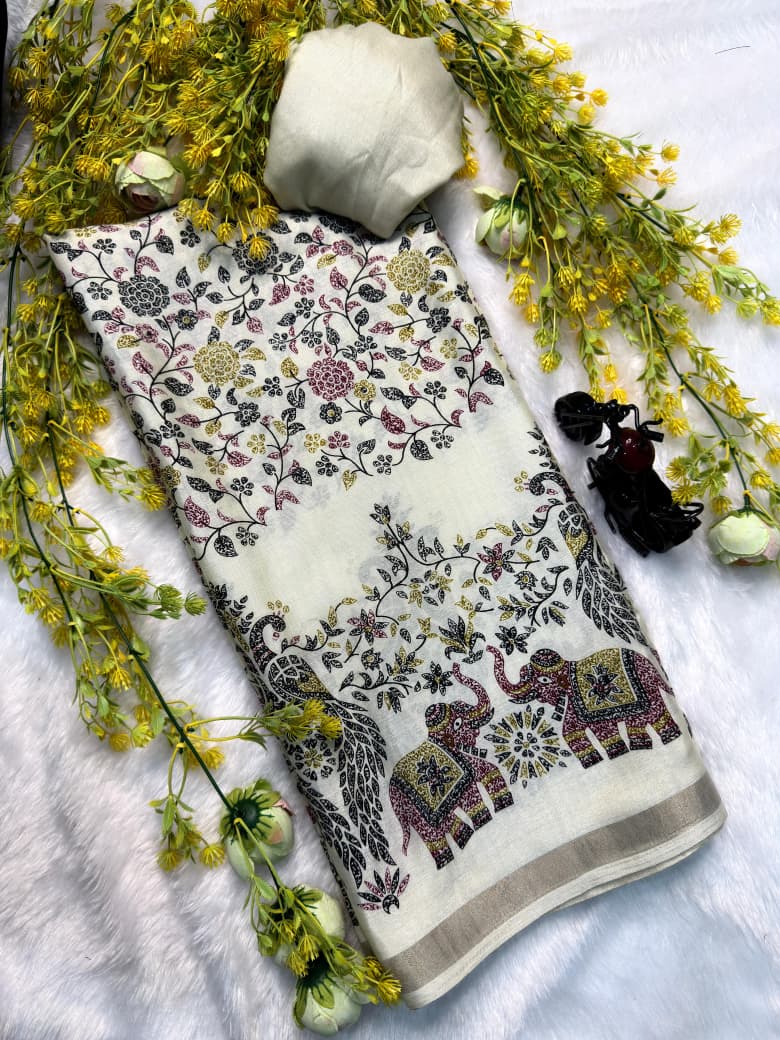 Mix Cotton Printed Saree with Unstitched Blouse