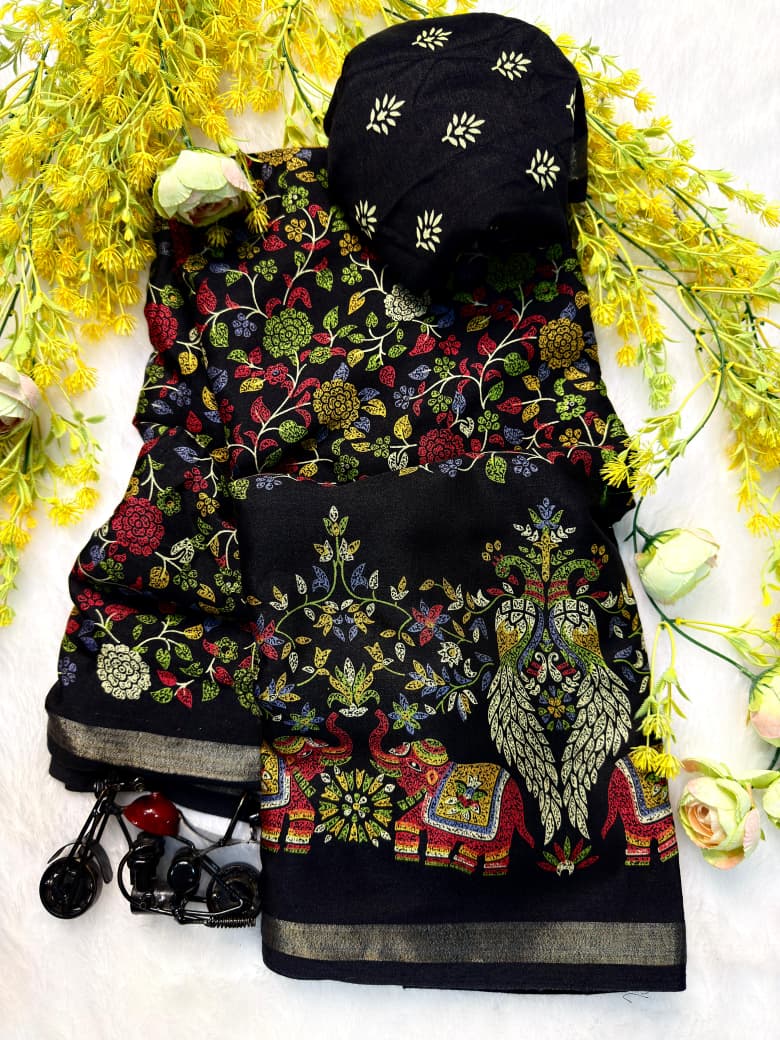 Mix Cotton Printed Saree with Unstitched Blouse