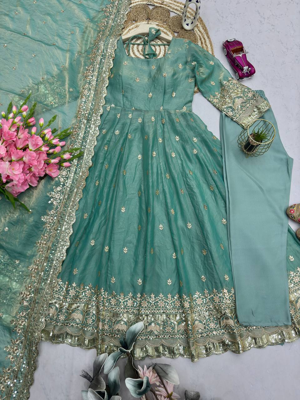 Sea Green Fandy Silk Embroidery Sequins Work Anarkali Gown Pant with Dupatta (3/4 sleeve)