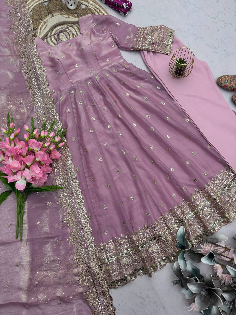 Onion Green Fandy Silk Embroidery Sequins Work Anarkali Gown Pant with Dupatta (3/4 sleeve)