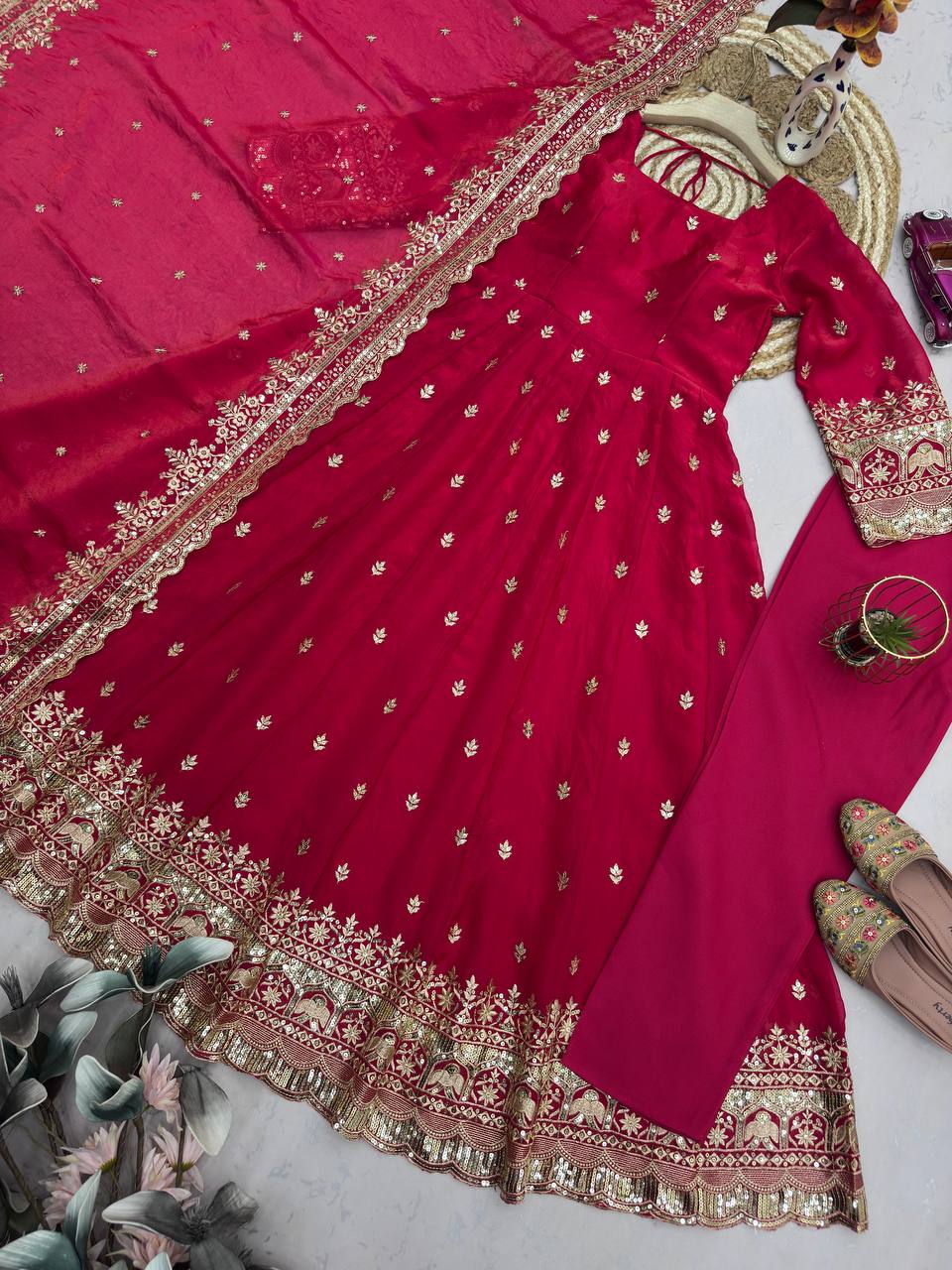 Rani Pink Fandy Silk Embroidery Sequins Work Anarkali Gown Pant with Dupatta (3/4 sleeve)