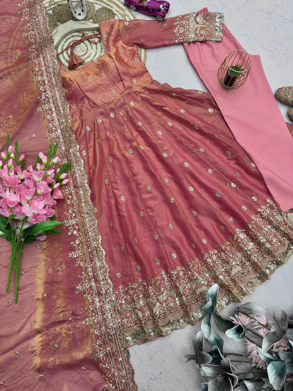Peach Fandy Silk Embroidery Sequins Work Anarkali Gown Pant with Dupatta (3/4 sleeve)