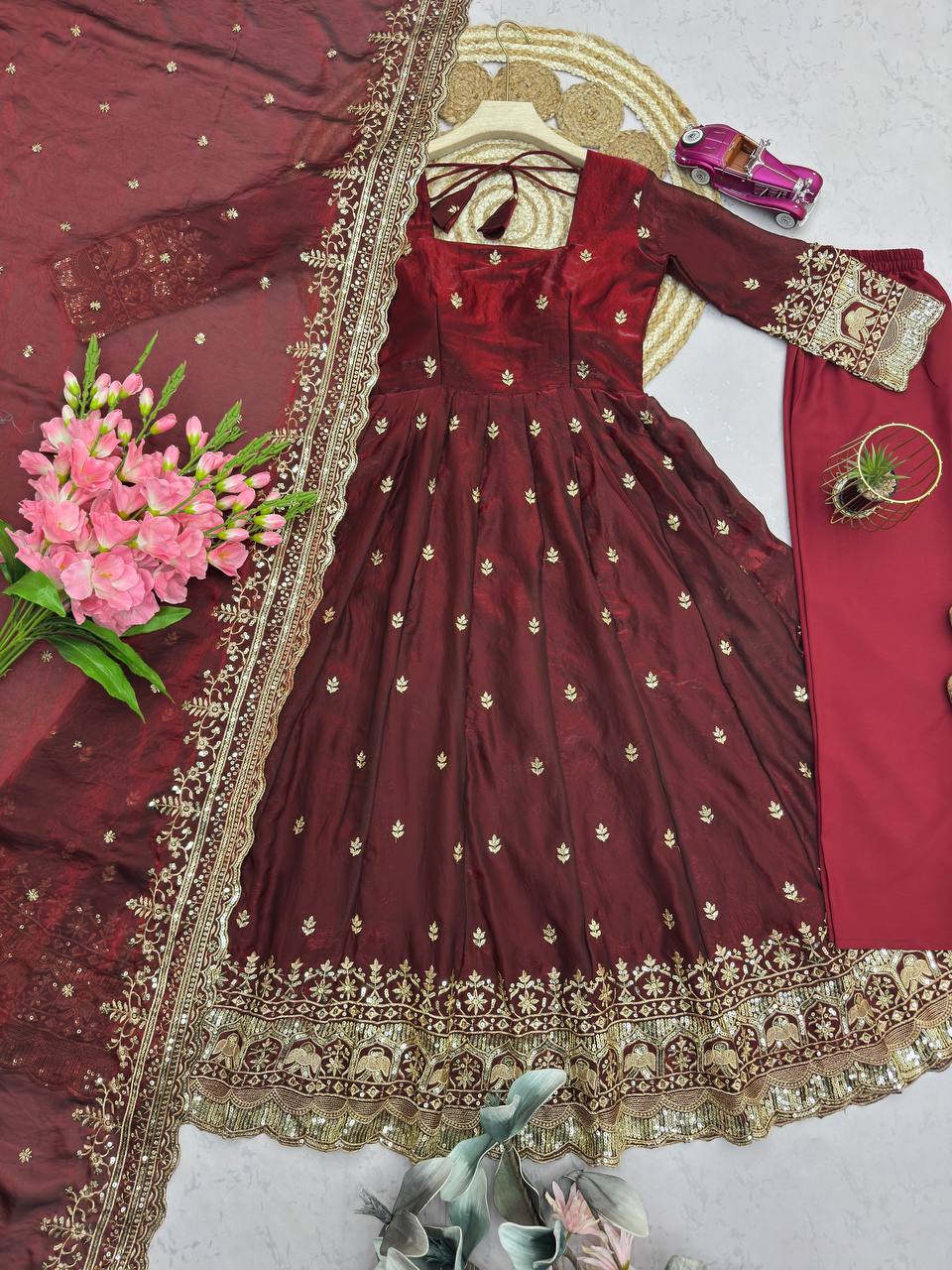 Maroon Fandy Silk Embroidery Sequins Work Anarkali Gown Pant with Dupatta (3/4 sleeve)