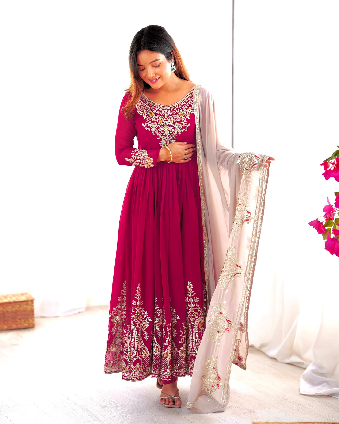 Pink Heavy Georgette Embroidery Sequence Anarkali Gown Pant and Dupatta