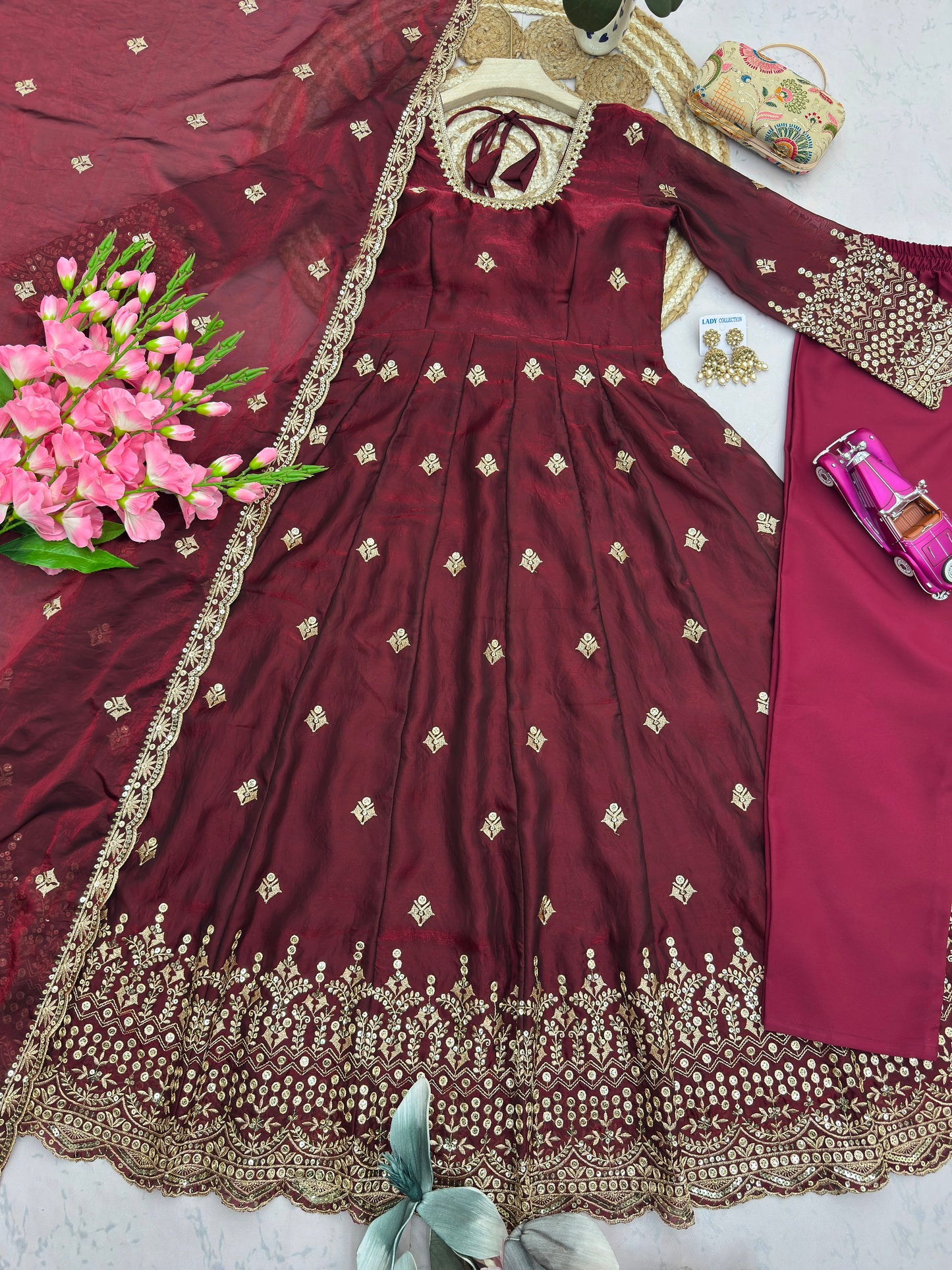 Maroon Color Heavy Two Tone Fandy Silk Embroidery Sequins Work Anarkali Gown Pant with Dupatta ( 3/4 SLEEVE )