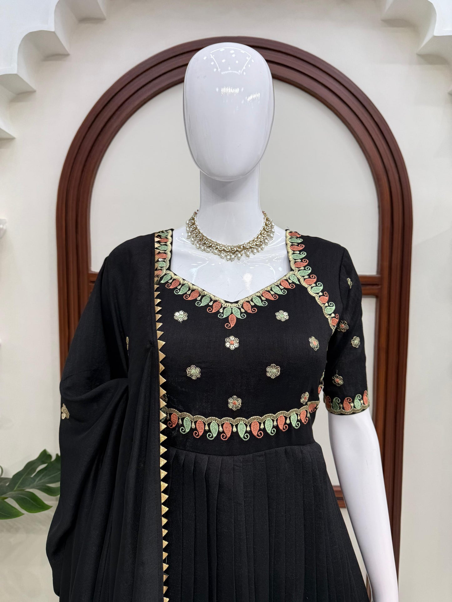 Black Colour Vichitra Silk Thread with Sequence Designer Anarkali Gown Pant with Dupatta