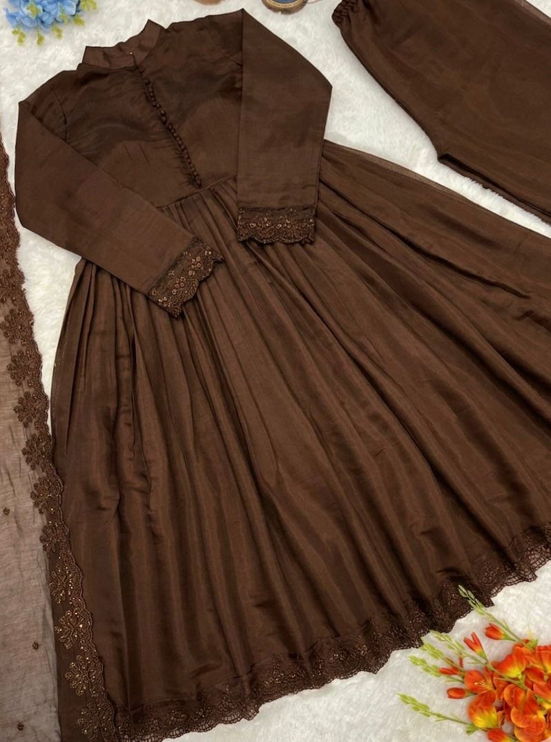 Brown Colour Roman Silk Embroidery Work Anarkali Gown Pant with Dupatta