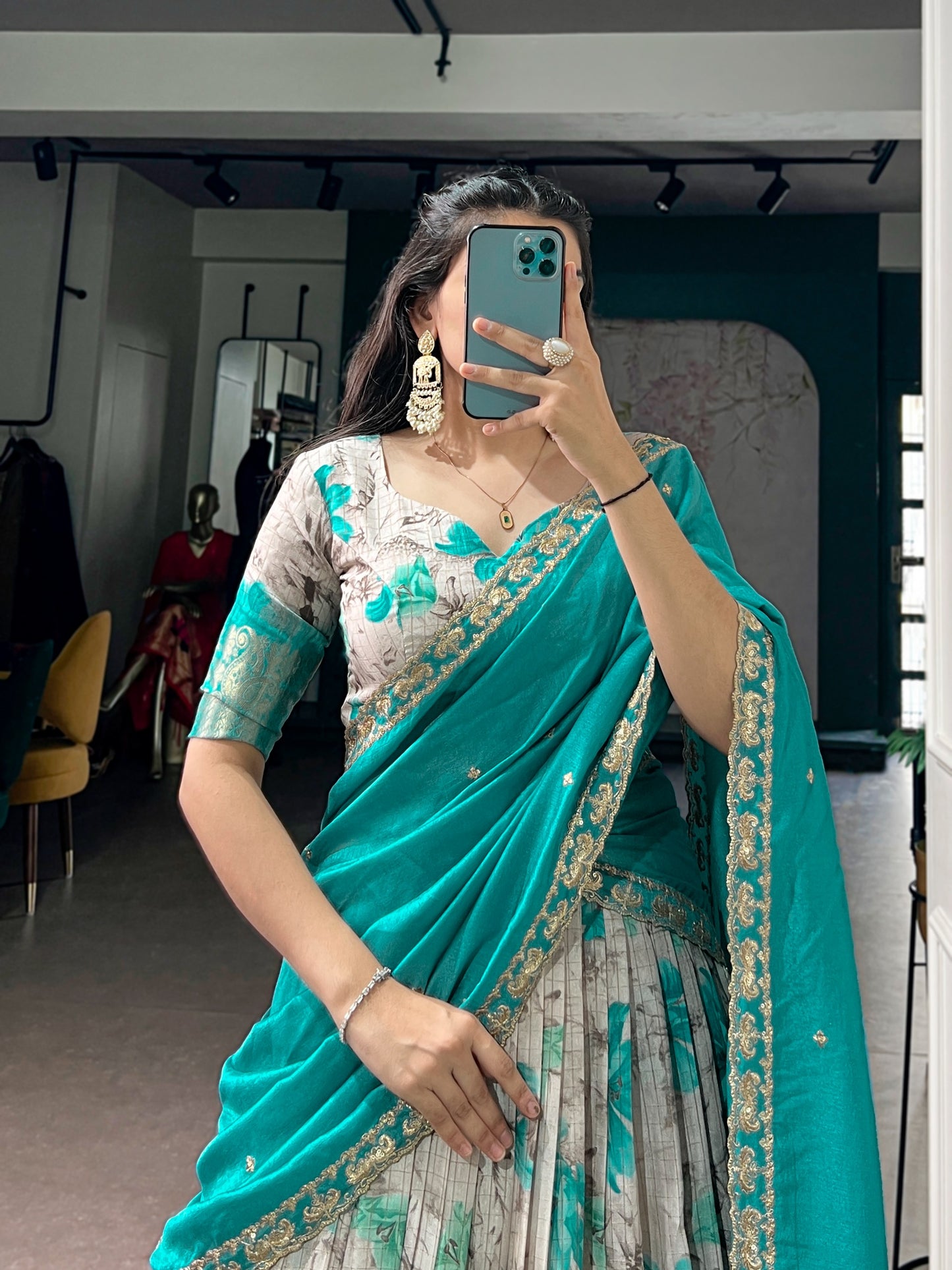 Teal Blue Colour Dola Chex Floral Print Zari weaving Lehenga Choli