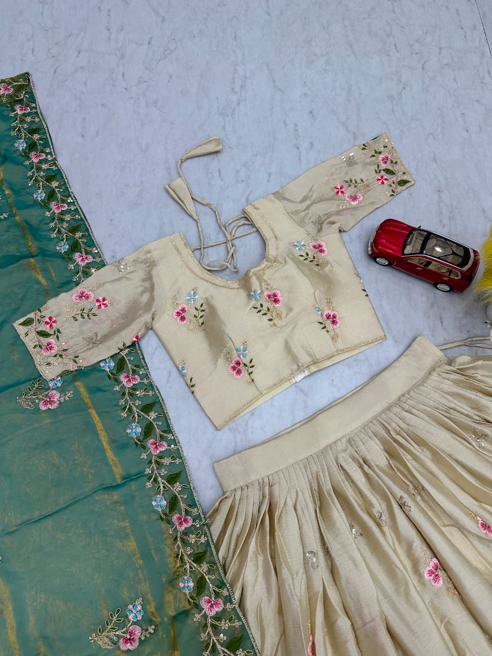 Beige Colour Chinon Embroidery work Readymade Lehenga Choli With Sea Green Dupatta