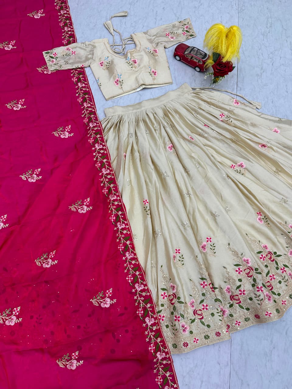 Beige Colour Chinon Embroidery work Readymade Lehenga Choli With Pink Dupatta