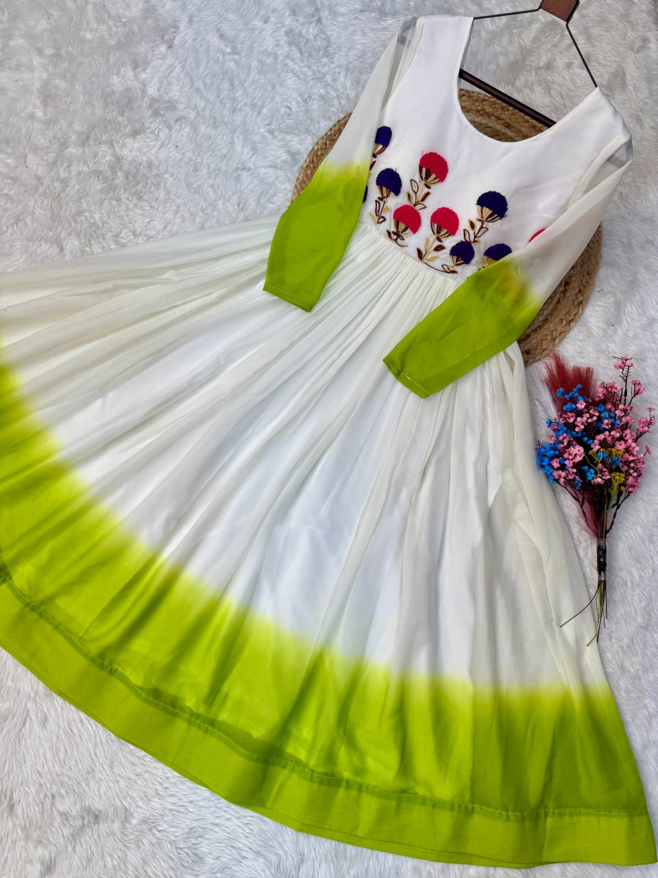 White and Parrot Green Star Georgette Pedding with Embroidery Woolen Work Gown