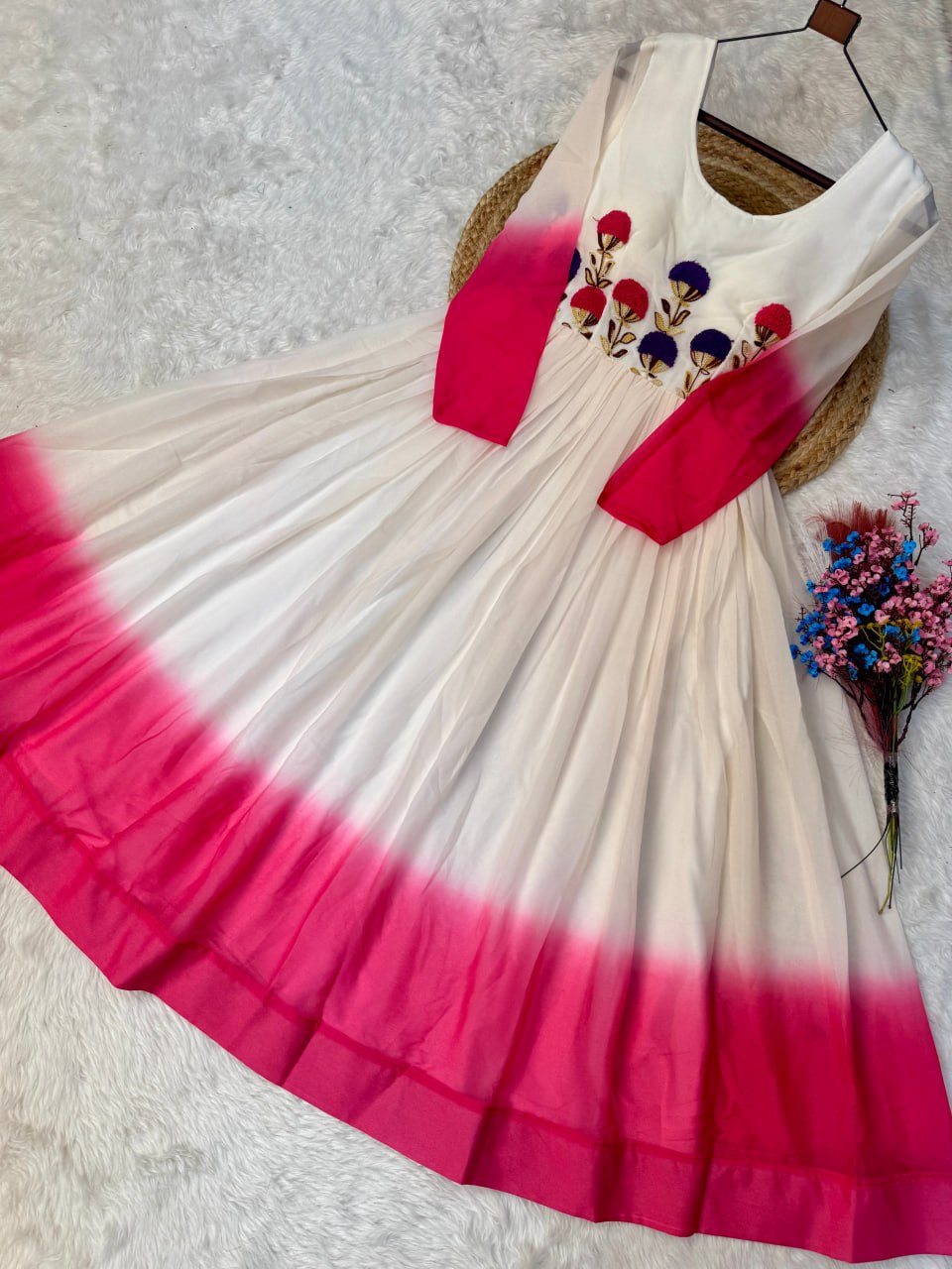White and Pink Star Georgette Pedding with Embroidery Woolen Work Gown