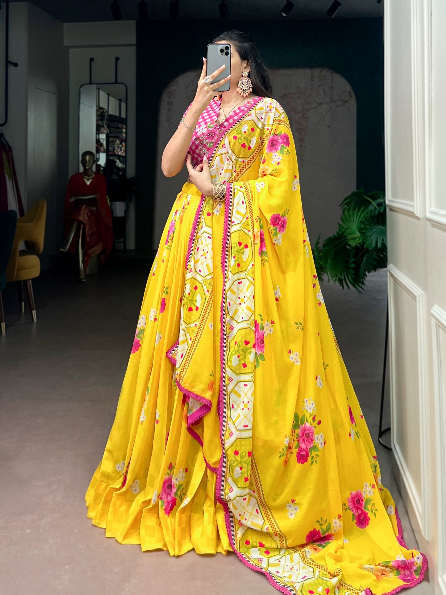 Yellow color Georgette Floral Print Lehenga with Handwork Blouse