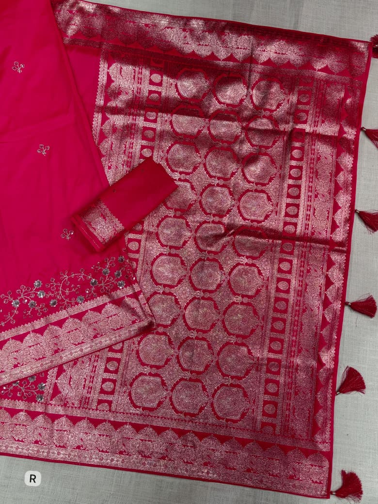 Rani Pink Color Banarasi Silk Border Embroidered work Saree With Unstitched Blouse