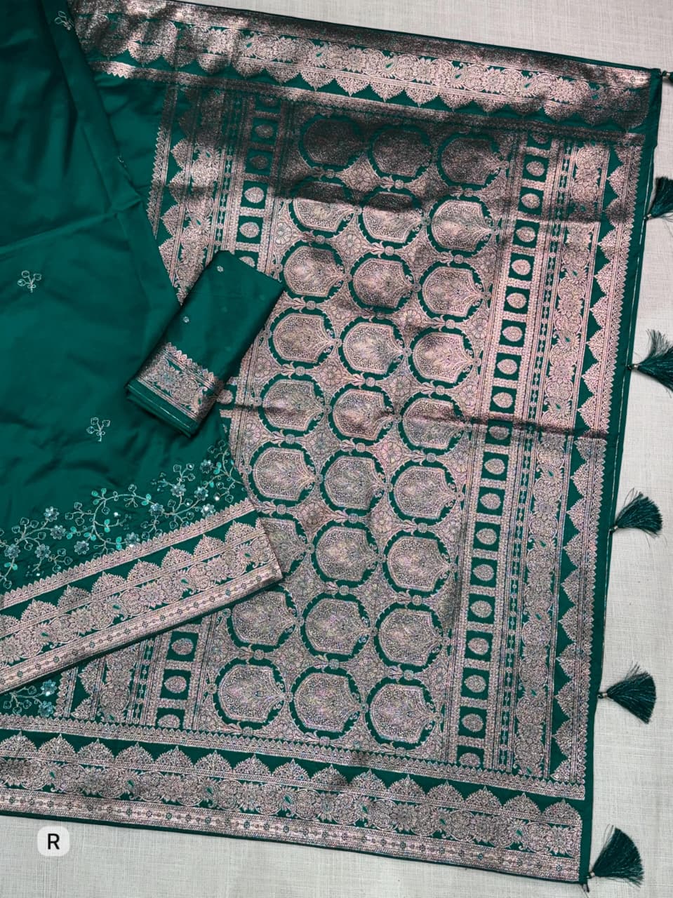 Teal Green Color Banarasi Silk Border Embroidered work Saree With Unstitched Blouse