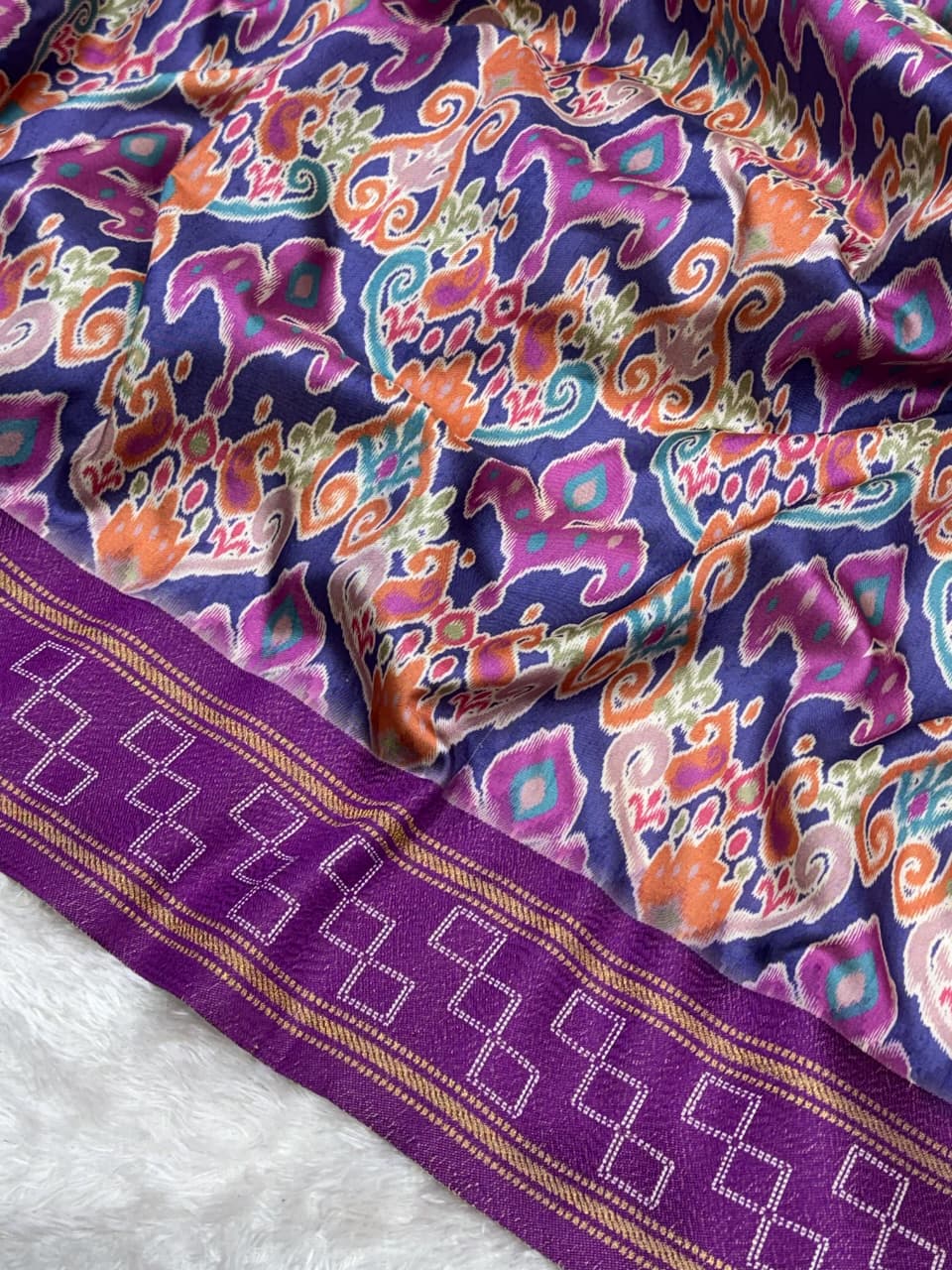 Purple color Minakari Digital Ikkat Print Saree with Unstitched Blouse