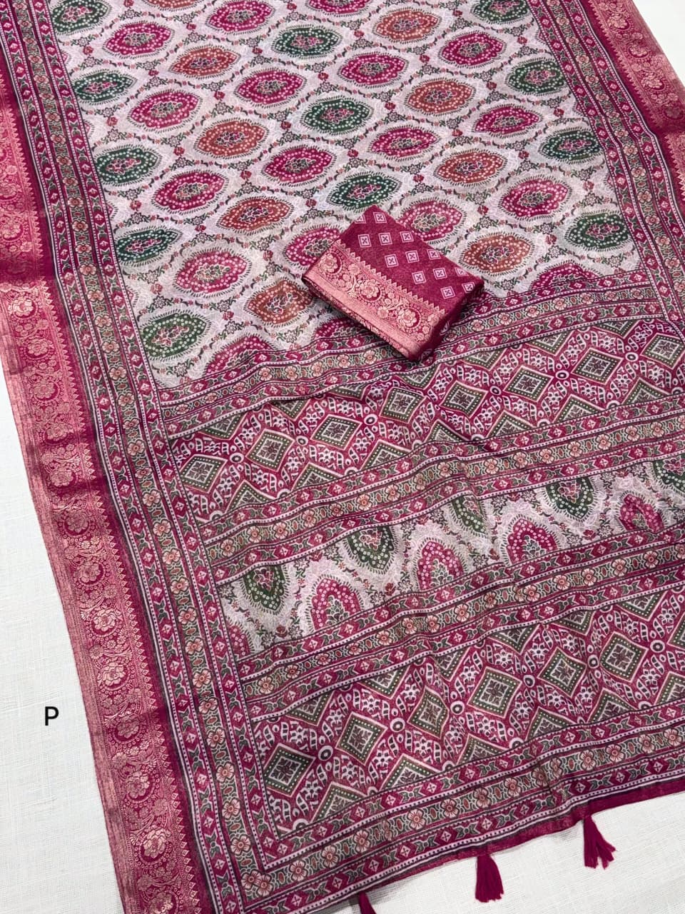 Pink color Ajrakh Print Saree with Unstitched Blouse