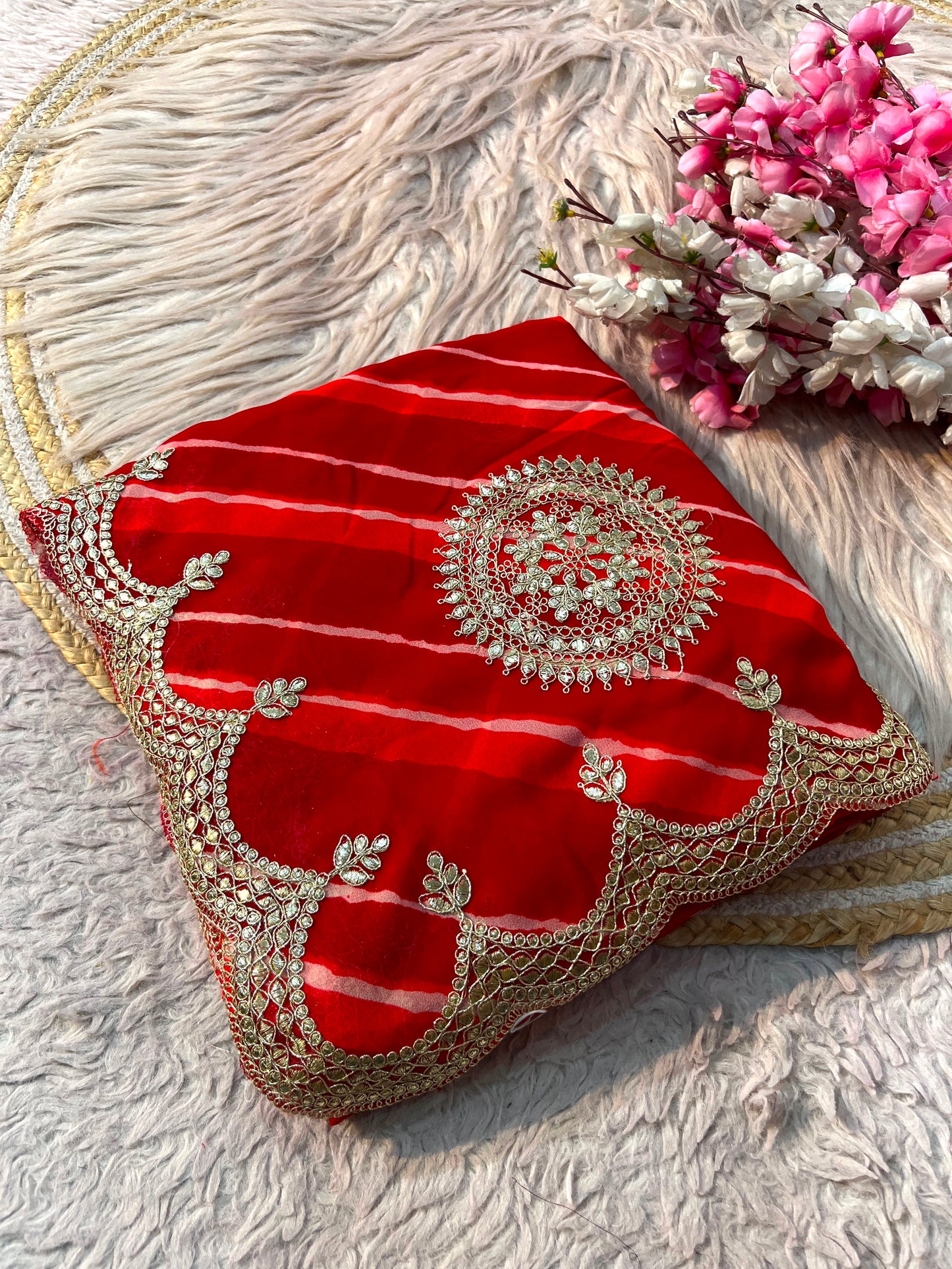 Red Color Lehriya Print Saree with Unstitched Blouse